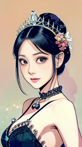 color illustration, queen of Moon, pure female, wearing black lace brassiere, long loincloth, pearl tiara, pearl necklace. looking at viewer compassionately, symmetric face, symmetric eyes, chignon black hair, pale skin, small bust, narrow waist, thin abs, thin throughs, under the moon, Japanese comic art style, art by Osamu Tezuka