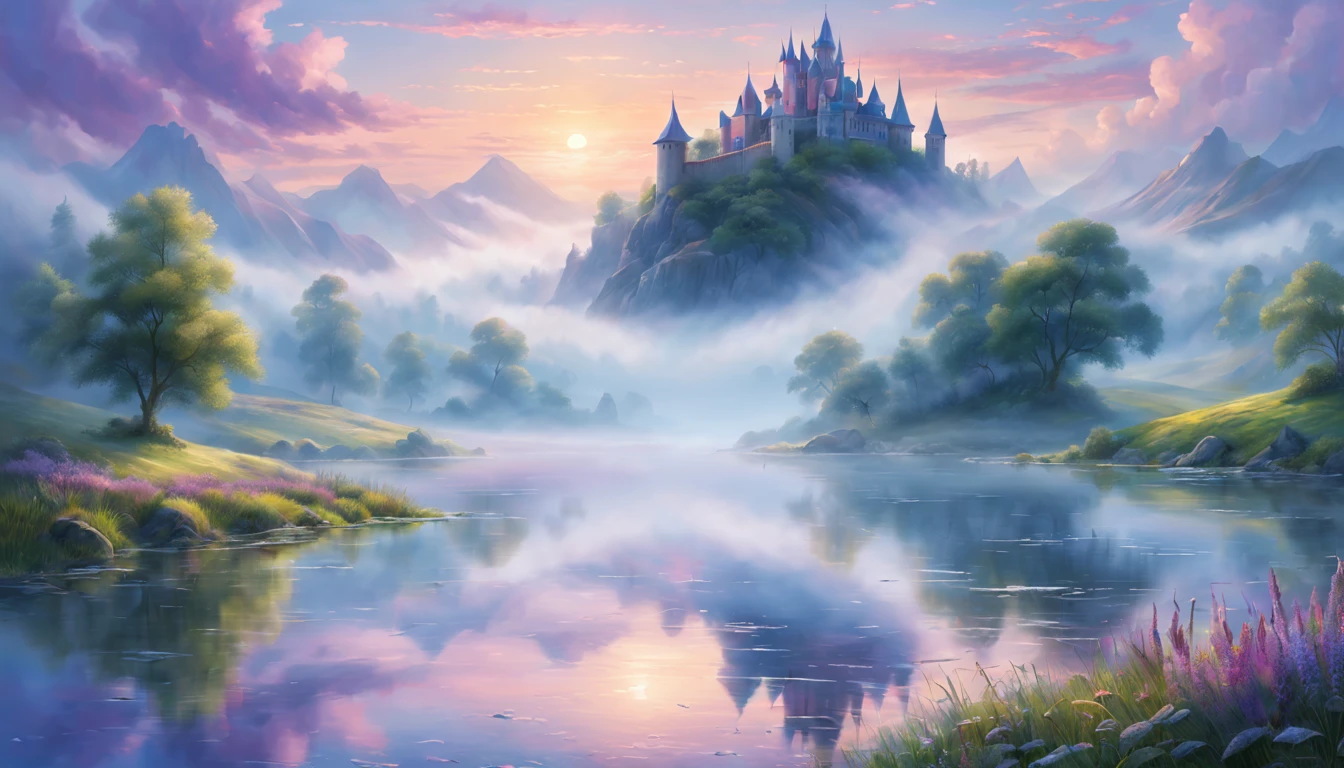 (best quality,4k,8k,highres,masterpiece:1.2),ultra-detailed,(realistic,photorealistic,photo-realistic:1.37),dreamy,ethereal landscape,seamlessly blending dreams and reality,floating islands,wispy clouds,sunlit meadows,hazy morning mist,surreal color palette,vibrant colors,soft pastel tones,painterly brushstrokes,transcendent atmosphere,mind-bending perspective,majestic mountainscapes,serene lakes reflecting the sky,dream-like castles,whimsical creatures inhabiting the scenery,playful beams of sunlight piercing through the clouds,mystical fog enveloping the landscape,melting horizons reflecting the merging of dreams and reality,enchanted forests filled with magic,peaceful and calm ambience,serenity and tranquility,subtle and gentle shades of blue and purple,ethereal lighting,creating an otherworldly feeling,sublime and majestic scenery,warm and inviting atmosphere,infused with a sense of wonder and enchantment,bringing dreams to life on canvas.