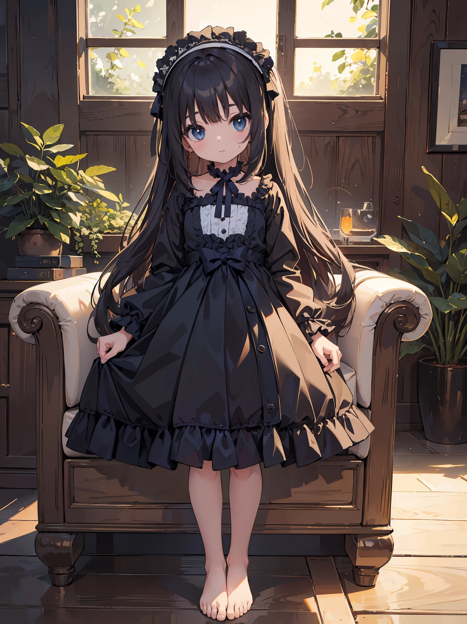 very cute female child:1.1,10 years old,gothic lolita:1.8,Dutch Angle Shots,ground-level shot,Low - Angle,full body shot,medium shot,barefoot,living room:1.5,summer,during the day,long hair,flat chest,Wind,dripping sweat:1.1,(4K)、(Raw photo:1.2)、(realism:1.4)、(muste piece:1.3)、(exquisite details:1.2)、delicate and beautiful details、(Eye details)、(facial details)、(highest quality):1.4)、 (super resolution:1.2)、(highly detailed illustrations)、highest quality、Depth of bounds written、wide light、natural shadow information