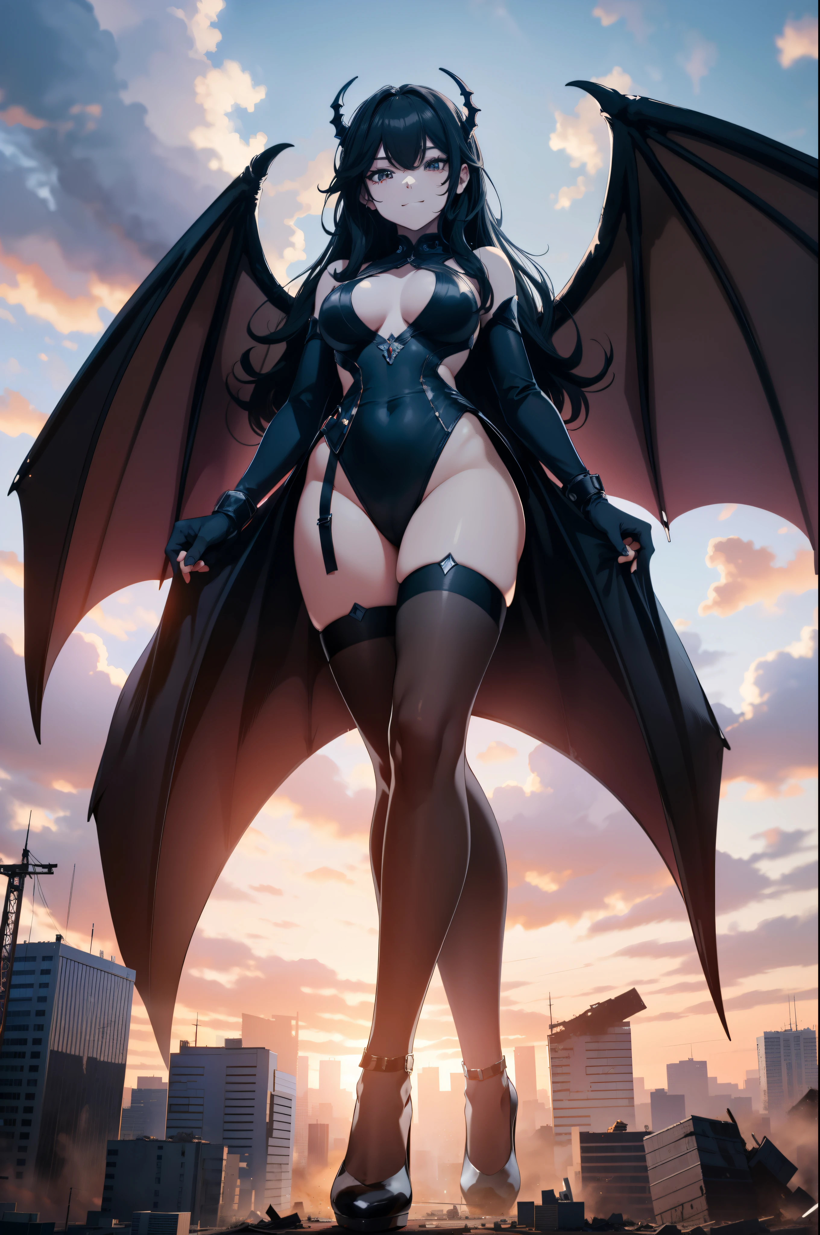 Aerial View，giant girl 50,000 feet high，Have a pair of long legs，Possessing a pair of huge demon wings，Has waist-length black hair，loose hair，Wear a pair of Mary Jane shoes，black curly hair，A look of enjoyment，Standing over a ruined city，Beautiful appearance，Exquisite makeup，quality，8k，high quality，(governor:1.5)，Perfect proportion, Cinema lighting，film grain，Fuji colors，8k，textured skin，Super details，high detail，high quality，high resolution，explode，fake smile，black stockings，blood stains，脚底有blood stains