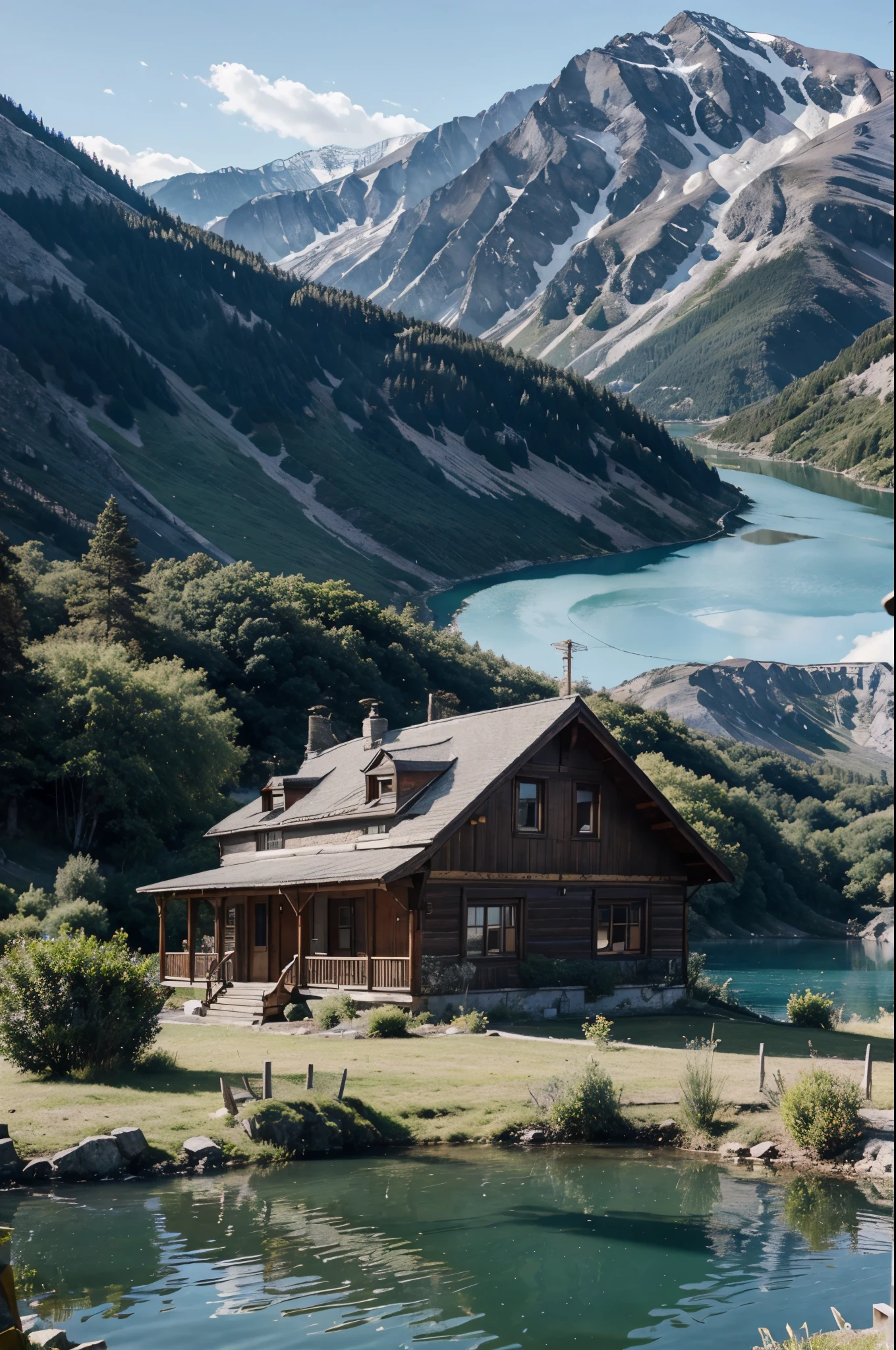a vintage house near a blue lake and in the back are mountains 8k image quality