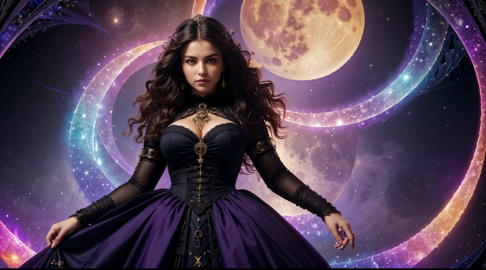 (((masterpiece, top quality, best quality, official art, beautiful and aesthetic:1.2))), extreme detailed,((Background(fractal art mysterious symbols:1.3)), colorful, highest detailed darker pink to purple color palette masterpiece, Victorian fashion is characterized by sleek and elegant design Ruffles and laces、 (best quality:1.2), [:intricate details:0.2], 1girl, large breasts, Sorceress, (nighttime sky), shimmering aura, intense focus, crackling energy, mysterious symbols, sparkling motes, ((full moon))
