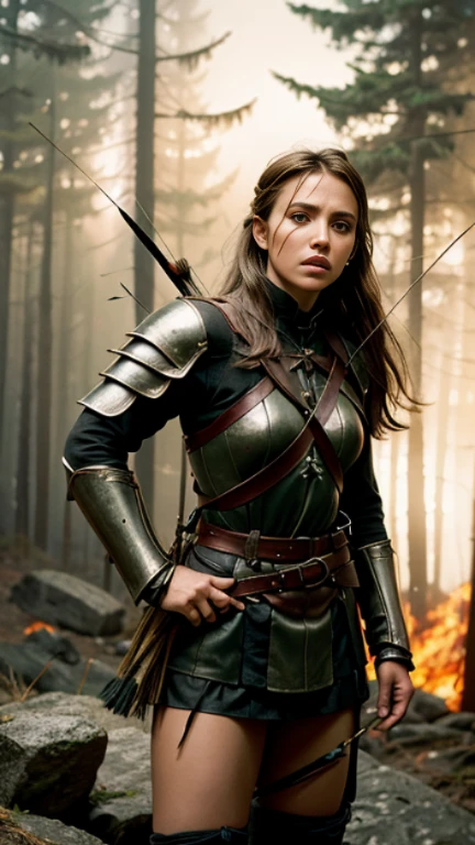 A realistic photographic of a lady archer, wearing worn out armor after a battle, flowy hair,leather belt, standing on a big rock, holding bow and arrow,, blood over his face, battleground theme, forest on fire in background, Blur background, cinematic lighting, medium shot, dark, masterpiece 