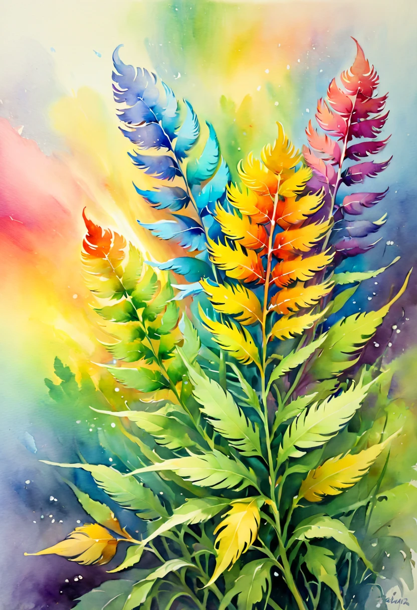 watercolor painting, Featherweed flowers of rainbow color, (inspired by Ivan Plush), dreamy feeling, Dynamic angles and elegant atmosphere, intricate, (best quality, masterpiece)