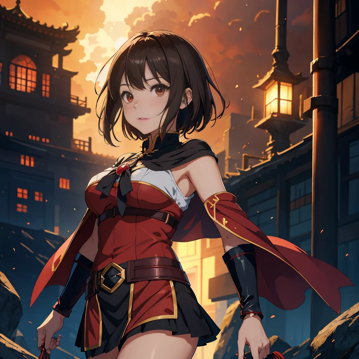 (short brown hair), beautiful hands, red eyes, Megumin from Konosuba, solo, black anime-style cape, off the shoulders, a mini skirt, tower backdrop

(best quality, 4k, highres, photorealistic), ultra-detailed, professional, vivid colors, studio lighting, Physically-Based Rendering (PBR), extreme detail description, bokeh

(illustration, anime style), portraits, landscape, concept artists

(dark, vibrant colors, warm tones), (soft lighting, dramatic shadows)

请注意，以上只是一种生成 prompt 的示例，你可以根据主题自由发挥，添加或修改细节，为图像生成提供更多的信息。