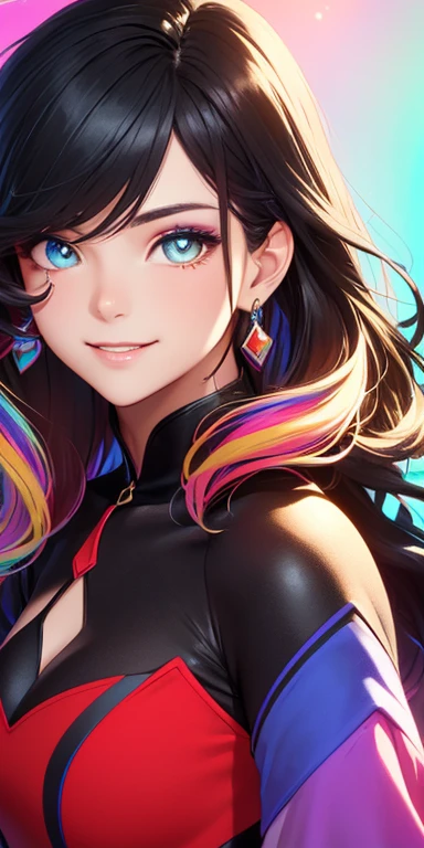 (black hair,colorful fluorescence multicolored  hair:1.5,wavy hair:1.5), (masterpiece, sidelights, exquisite beautiful eyes: 1.5), masterpiece*portrait, realistic, ((Colorful background of different colors:1.5)),(Gentle face:1.5),colorful,3D face,(cute face),front view: 1.6、 (glowing red eyes:1.2),(tareme:1.5)、(cute smile:1.5),,Slim Body, shiny hair, shiny skin: 1.5、medium breasts,、solo,(stand)、(colorful tide dress:1.5)、(charactor focus:1.5、portlate、eye focus,cowboy shot)、bright atmosphere,intricatedetails