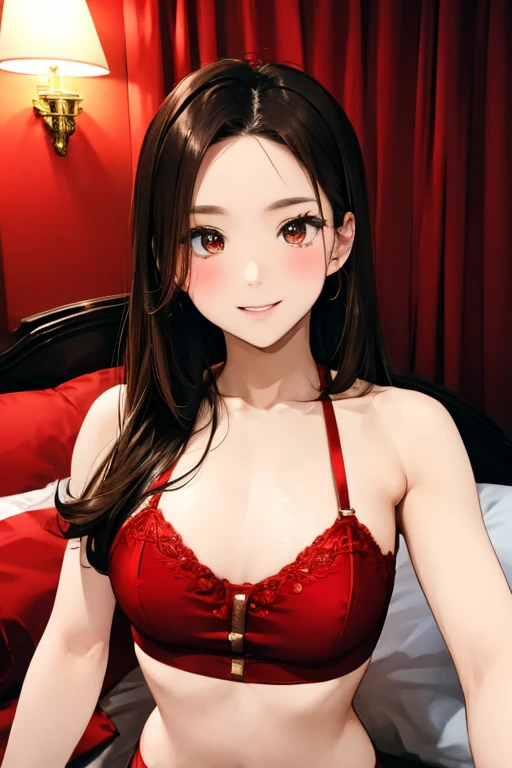 Brown hair, Brown eyes, red lingerie, red underwear, red bra, sexy, large breast, smile, a hotel bedroom