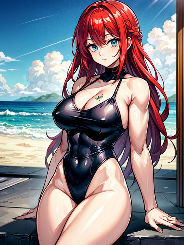 (((masterpiece、Highest image quality、highest quality、highly detailed unity 8kwallpaper)))、((Illustration of one girl))、(((beautiful girl)))、((red hair、Braid、sidelocks:1.2、blue eyes))、(((stocky build:1.2, thickset physique:1.3, muscular legs, broad shoulders:1.3, solid chest:1.2)))、swimsuit、sandy beach
