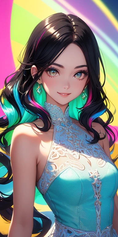 (black hair,colorful fluorescence multicolored  hair:1.5,wavy hair:1.5), (masterpiece, sidelights, exquisite beautiful eyes: 1.5), masterpiece*portrait, realistic, ((Colorful background of different colors:1.5)),(Gentle face:1.5),colorful,3D face,(cute face),front view: 1.6、 (glowing red eyes:1.2),(tareme:1.5)、(cute smile:1.5),,Slim Body, shiny hair, shiny skin: 1.5、medium breasts,、solo,(stand)、(colorful tide dress:1.5)、(charactor focus:1.5、portlate、eye focus,cowboy shot)、bright atmosphere,intricatedetails