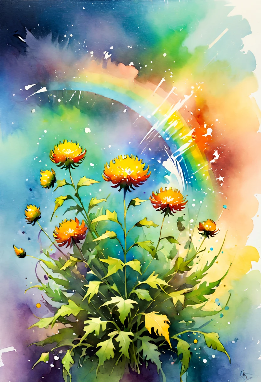 watercolor painting, Featherweed flowers of rainbow, by Brian Kesinger, dreamy, Dynamic angles, elegant atmosphere, intricate, (best quality, masterpiece)