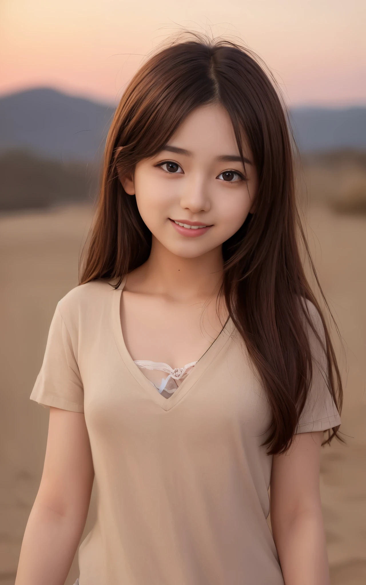 highest quality, figure, super detailed, finely, High resolution, 8k wallpaper, 完璧なダイナミックな構figure, beautiful skin, Big eyes that shine like jewels, (18 year old beautiful girl:1.6), natural color lip, random sexy poses, Chest middle, smile, Highly detailed face and skin texture, Detailed eyes, Double eyelid,leaking teeth and laughing, close-up, Brown hair long hair, (Brown blouse:1.1), sunset