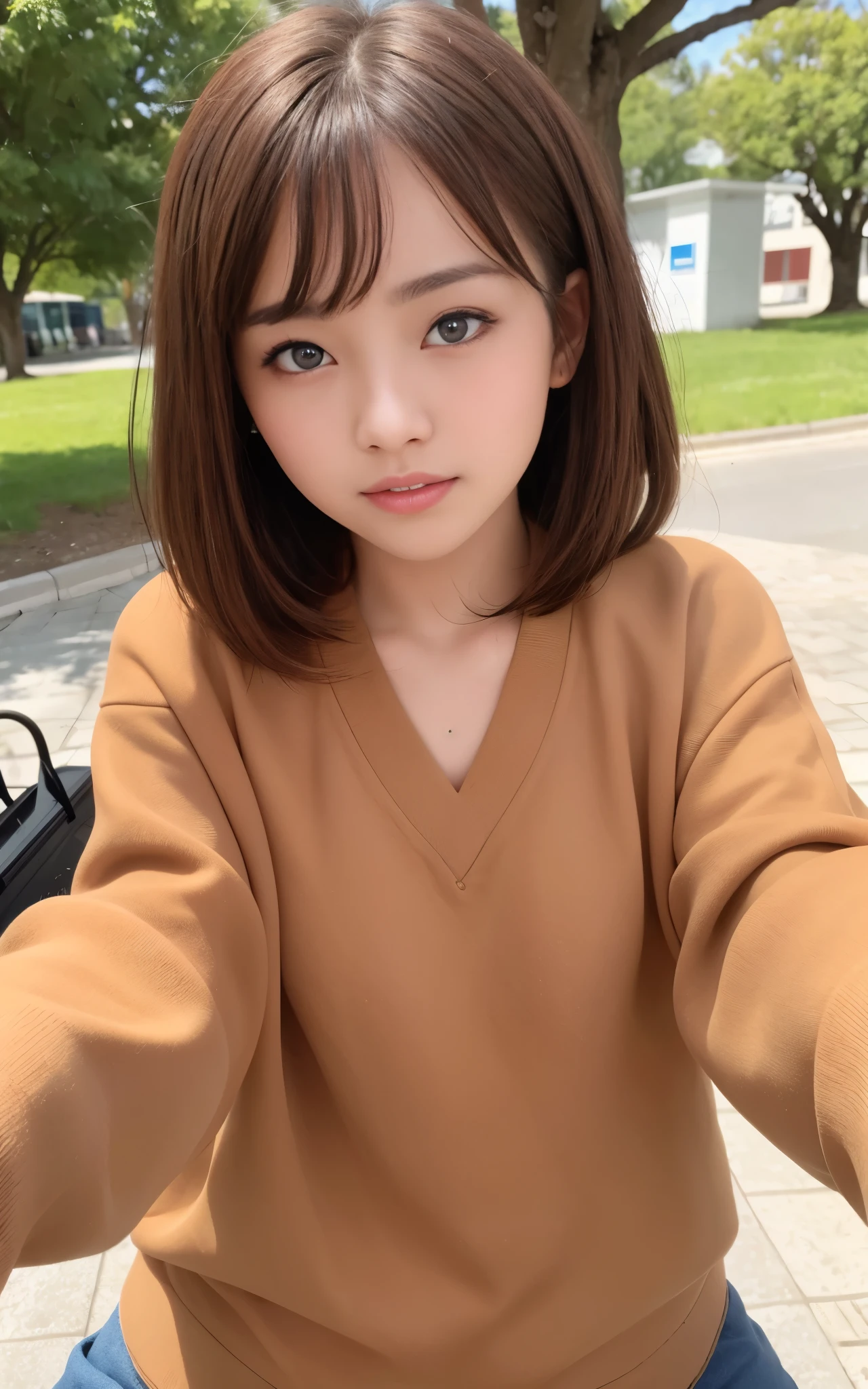 highest quality, figure, super detailed, finely, High resolution, 8k wallpaper, 完璧なダイナミックな構figure, beautiful skin, Big eyes that shine like jewels, (18 year old beautiful girl:1.6), natural color lip, random sexy poses, Chest middle, smile, Highly detailed face and skin texture, Detailed eyes, Double eyelid,leaking teeth and laughing, close-up, overhead shot, Brown-haired shorthair, (ocher sweatshirt:1.2), tree-lined avenue