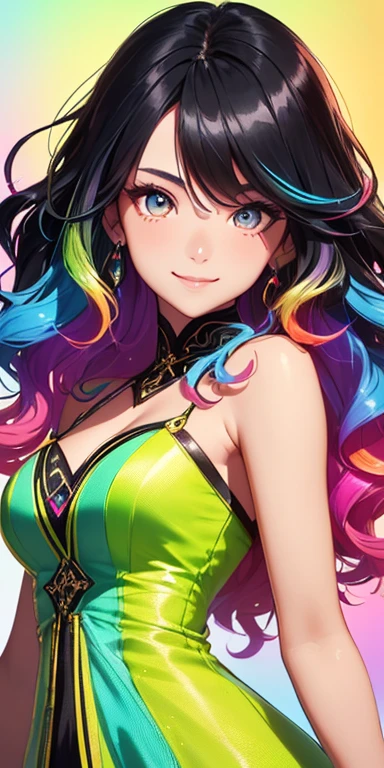 (black hair,colorful fluorescence multicolored  hair:1.5,wavy hair:1.5), (masterpiece, sidelights, exquisite beautiful eyes: 1.5), masterpiece*portrait, realistic, ((Colorful background of different colors:1.5)),(Gentle face:1.5),colorful,3D face,(cute face),front view: 1.6、 (glowing red eyes:1.2),(tareme:1.5)、(cute smile:1.5),,Slim Body, shiny hair, shiny skin: 1.5、medium breasts,、solo,(stand)、(colorful open　dress:1.5)、(charactor focus:1.5、portlate、eye focus,cowboy shot)、bright atmosphere,intricatedetails