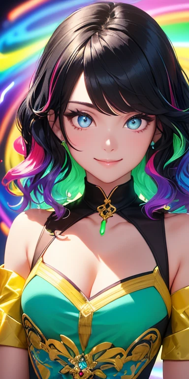 (black hair,colorful fluorescence multicolored  hair:1.5,wavy hair:1.5), (masterpiece, sidelights, exquisite beautiful eyes: 1.5), masterpiece*portrait, realistic, ((Colorful background of different colors:1.5)),(Gentle face:1.5),colorful,3D face,(cute face),front view: 1.6、 (glowing red eyes:1.2),(tareme:1.5)、(cute smile:1.5),,Slim Body, shiny hair, shiny skin: 1.5、medium breasts,、solo,(stand)、(colorful open　dress:1.5)、(charactor focus:1.5、portlate、eye focus,cowboy shot)、bright atmosphere,intricatedetails