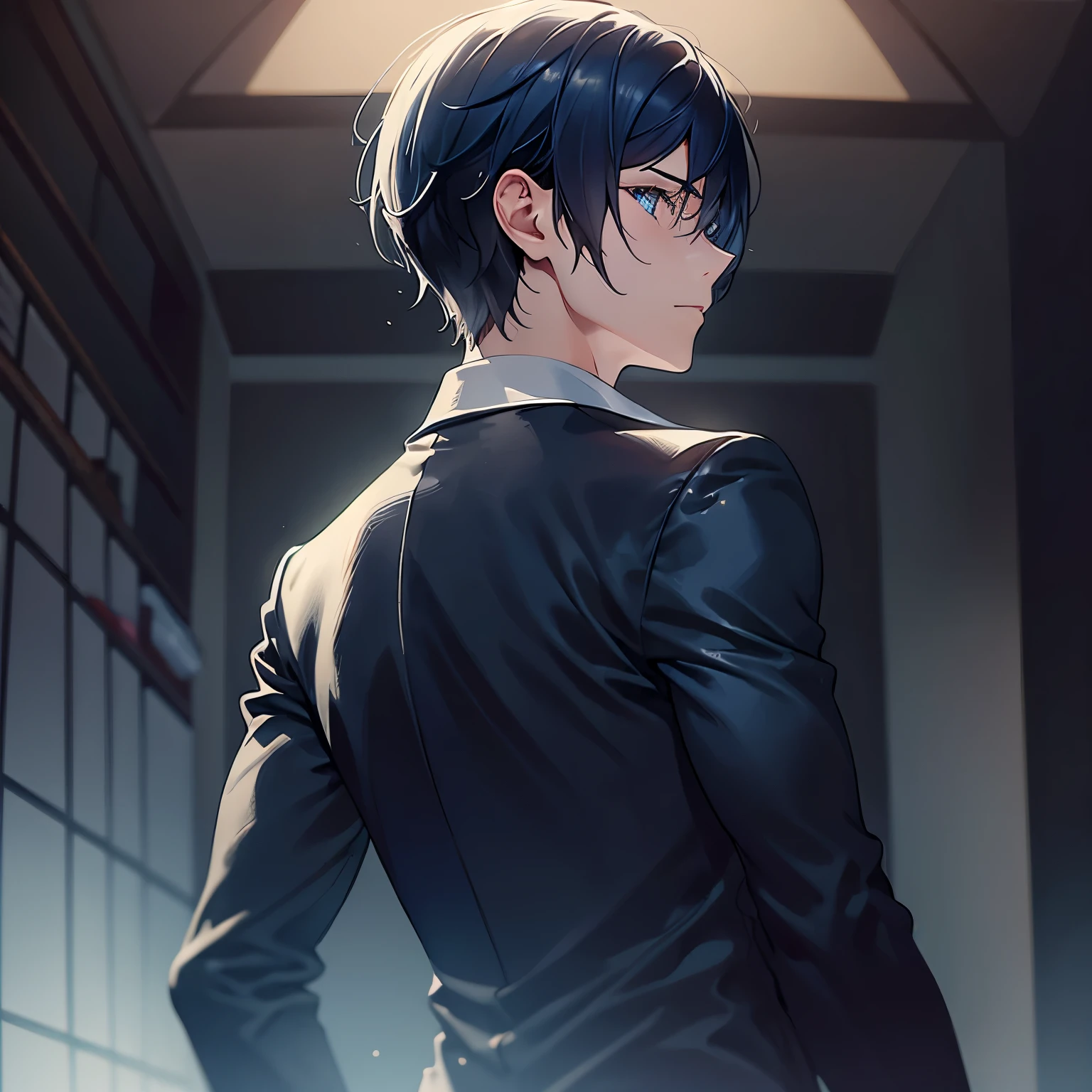 1boy,short hair,dark blue hair,sharp eye,blue eye,black suit,soft lighting, volumetric lighting, intricate details, hyper detailed,(extremely fine and beautiful), (perfect details),semi side view, from behind