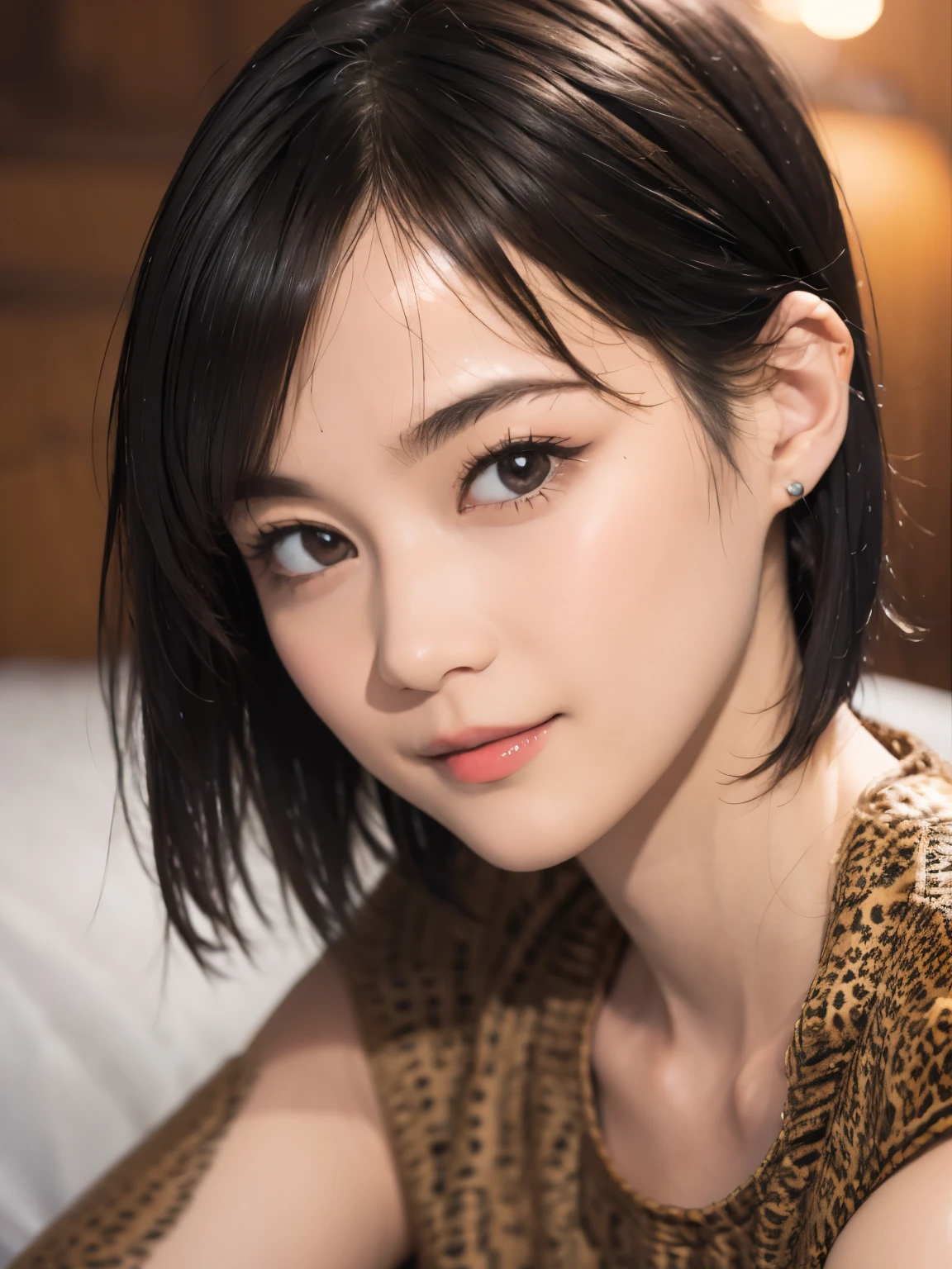 145
(20 year old woman,Animal print costume), (surreal), (High resolution), ((beautiful hairstyle 46)), ((short hair:1.46)), (gentle smile), (breasted:1.1), (lipstick)
