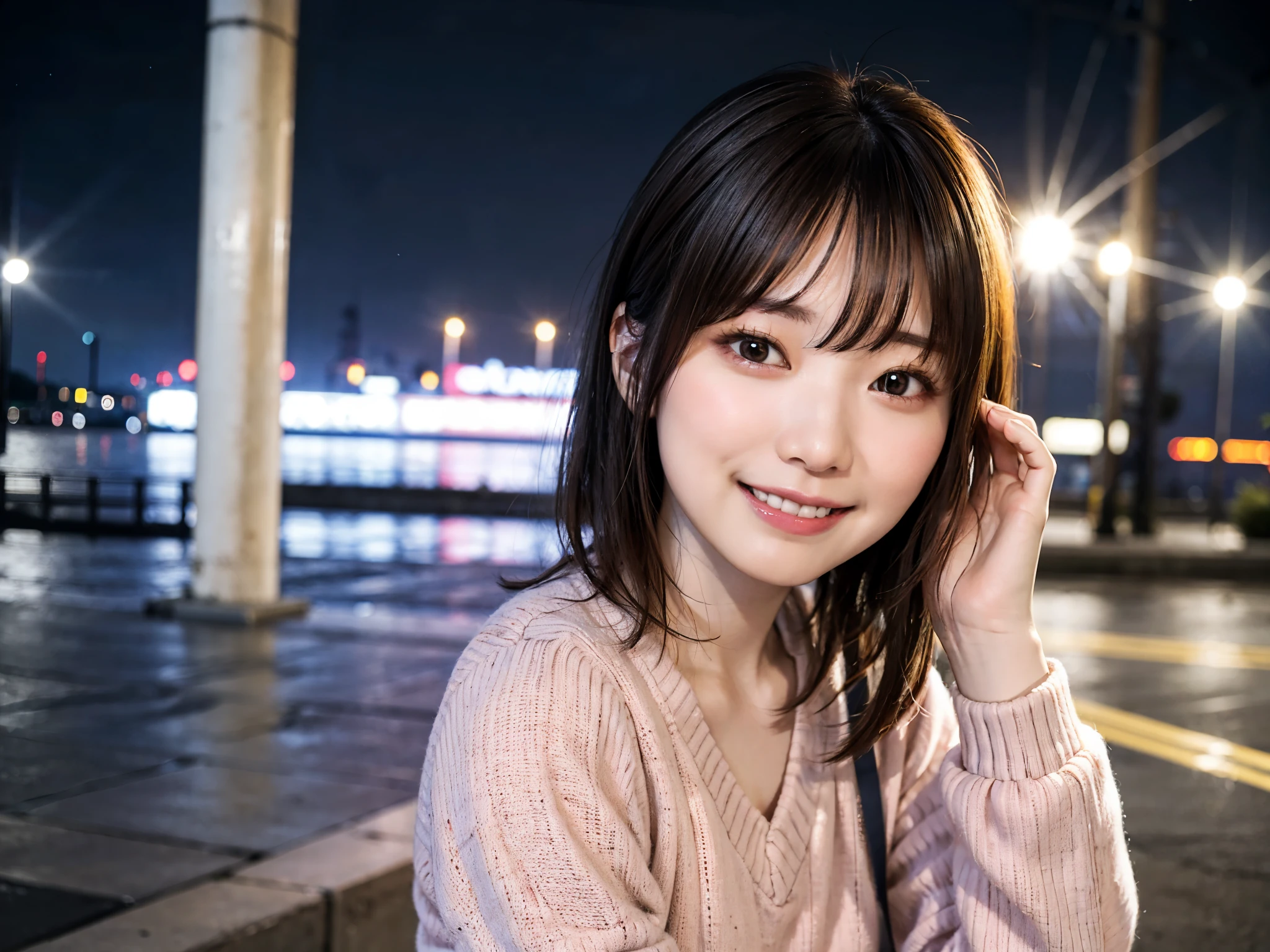 Japan woman in casual clothes on street corner at night、Wearing black-rimmed frame glasses、looking at the viewer、(highest quality、masterpiece)))、High resolution、very detailed、masterpiece、movie lighting、(8K、highest quality、masterpiece:1.2)、(realistic、Photoreal:1.37) Nothing、Super detailed、Asian, cute, cute顔, alone, short hair 1.2, rough skin, Beautiful smile, Beautiful and detailed night sky, night view、movie lighting, written boundary depth, lens flare light、(Upper body:0.5)、date、(blush your nose)、(laughter:1.15)、(closed your mouth)small breasts、beautiful and delicate eyes、(sweater:1.1)、(short hair:1.2)、floating hair nova frog style
