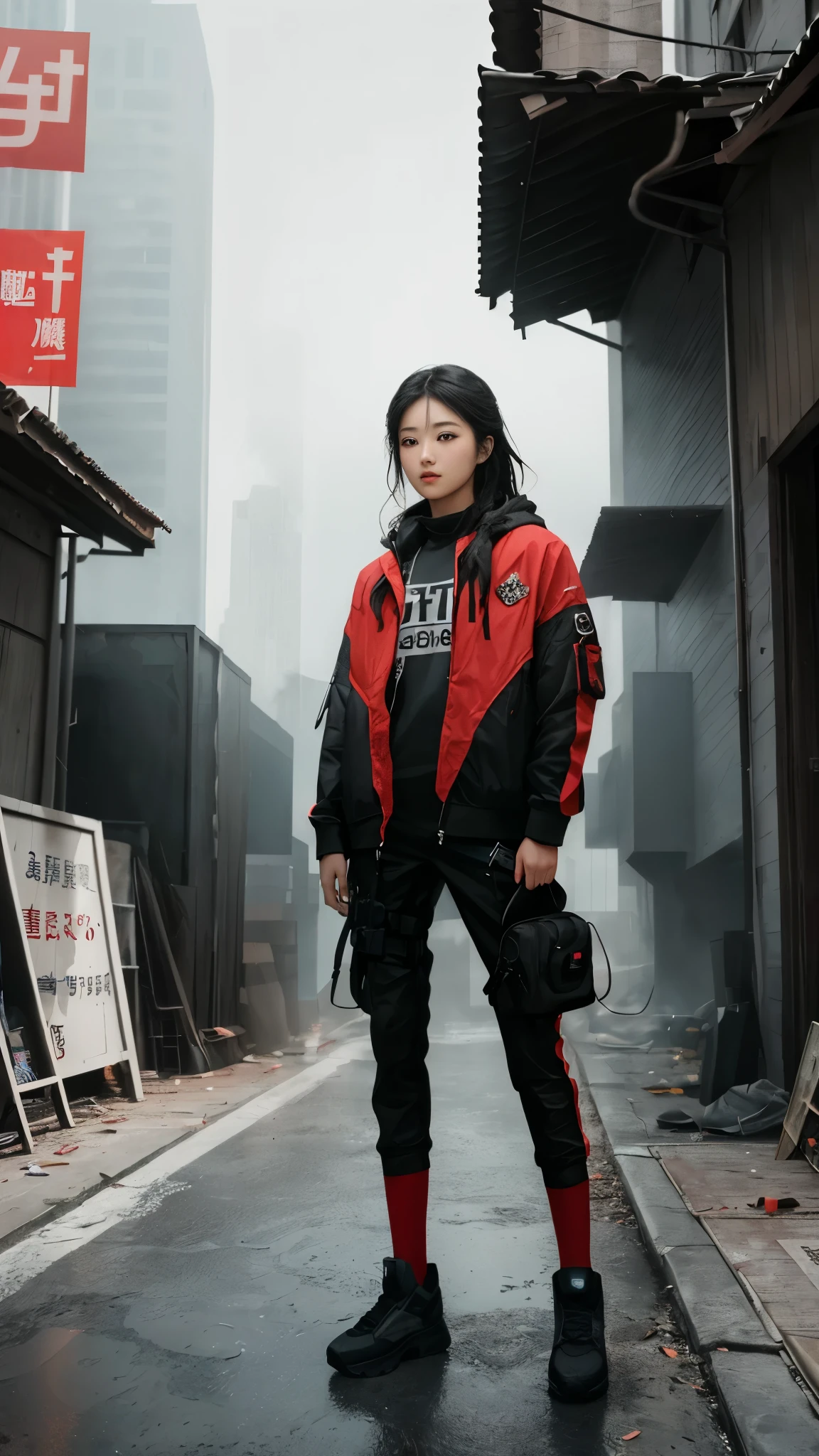(1 girl:1.3), alone, (((Very Detailed face)))), ((The eyes and face are very detailed)))), beautiful细节眼睛, body parts__, official art, unified 8k wallpaper, super detailed, beautiful and beautiful, beautiful, masterpiece, best quality, The original, masterpiece, Super detailed photos, best quality, ultra high resolution, realism, Sunlight, full body portrait, amazing beauty, dynamic poses, delicate face, vibrant eyes, (from the front), She wears a chivalrous suit, red and black color scheme, , 非常详细的城市roof背景, roof, overlooking the city, Detailed face, Detailed complex busy background, messy, Gorgeous, milky, highly refined skin, Realistic skin details, Visible pores, clear focus, volumetric fog, 8k ultra high definition, SLR camera, high quality, film grain, White skin, photorealism, Photography, Future dystopian metropolis, translucent