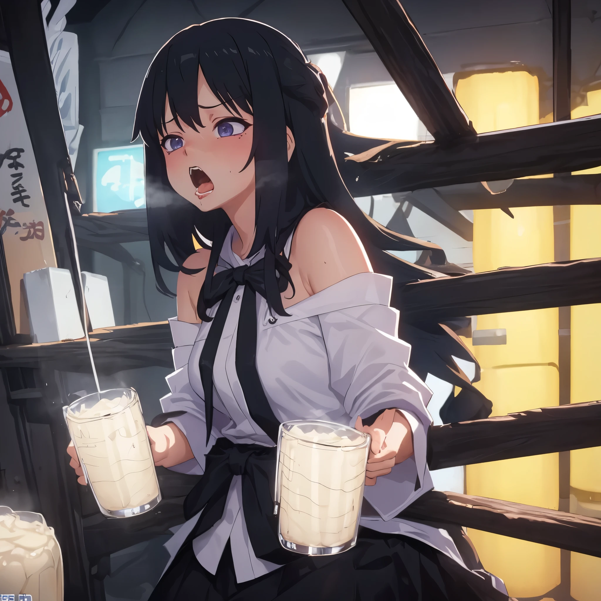 4D, 1girl, (The 8k quality, Highly detailed, masutepiece, Ultra-detailed), Anime, beauty, burp, embaranssed, black hair, (gasp:1.5), mist
