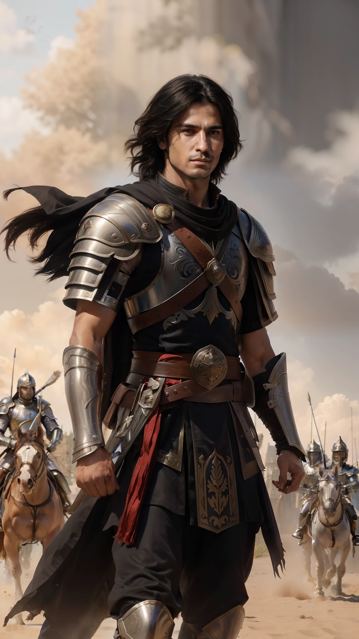 there is a man in armor walking with a sword in his hand, graphic artist magali villeneuve, male warrior, magali villeneuve', handsome prince of persia, male paladin, picture of an adult male warrior, persian warrior, a human male paladin, portrait of a male warrior, by Yang J, by Magali Villeneuve