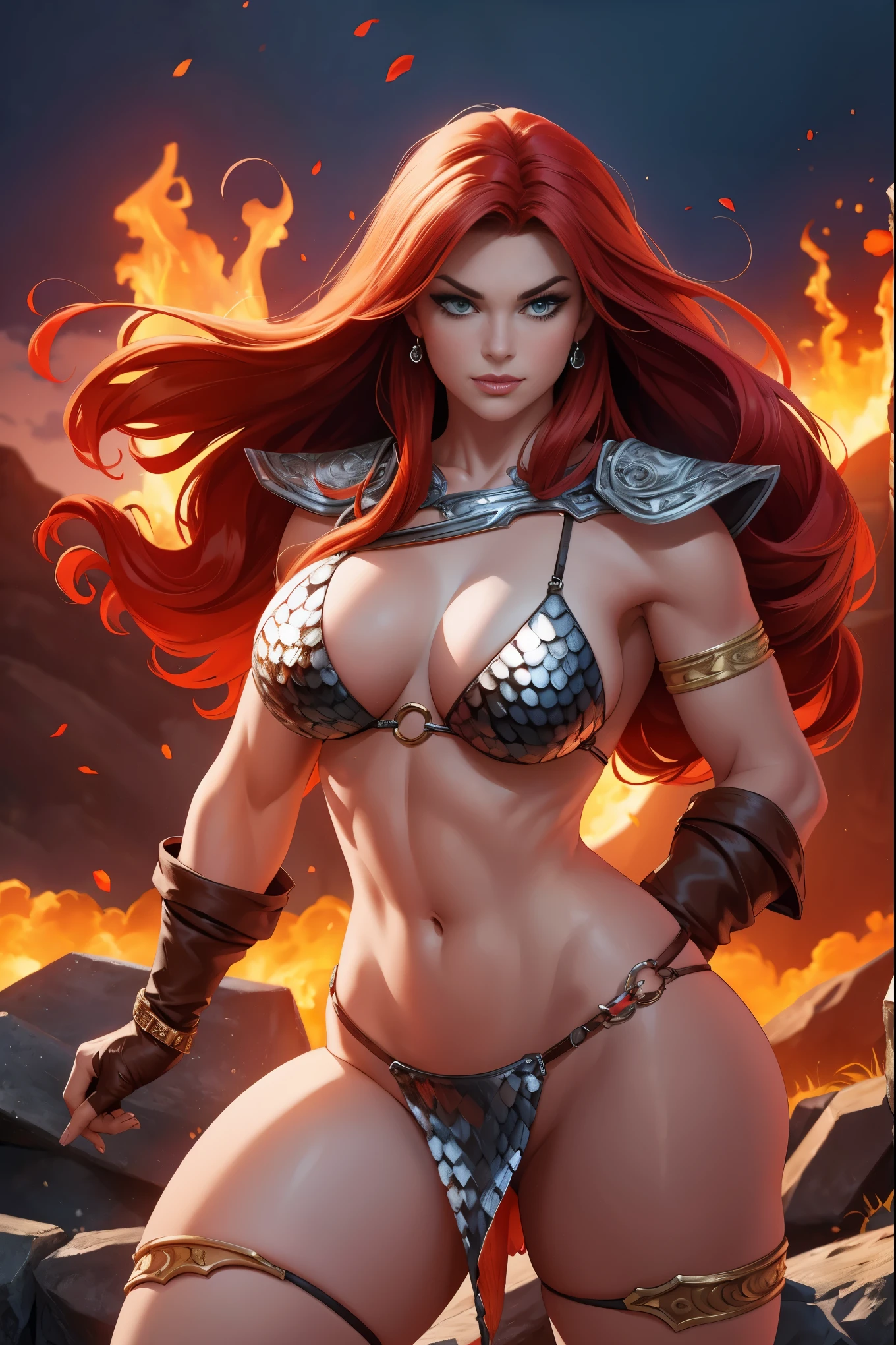 (redhead:1.1, fantasy:1.2, comic book:1.2), sexy warrior princess, fierce demeanor, red hair flowing, breathtaking beauty, seductive aura, strong and confident, striking pose, powerful stance, fierce eyes, passionate spirit, large, well-defined muscles, armored bikini ensemble, shimmering chainmail, intricate details of the armor, intricate sword, charismatic presence, fire-like sword strokes, swirling flames, epic battle, mythical background, atmospheric lighting, intense red hues, dramatic shadows, dynamic composition, high-resolution artwork, fine art quality, hyper-realistic style, perfect anatomy, captivating curves, radiant skin tones, flirtatious smile