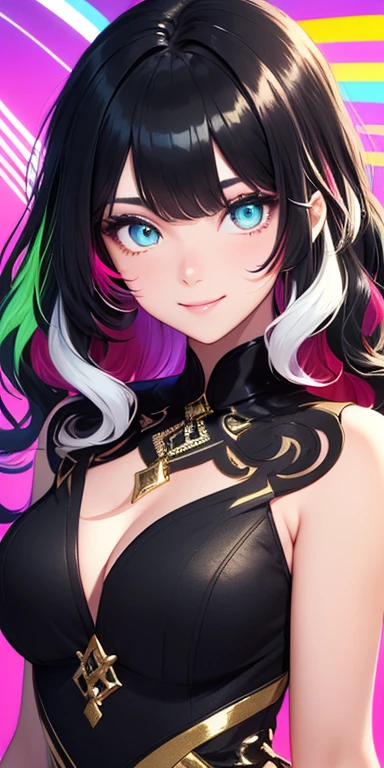(black hair,colorful fluorescence multicolored  hair:1.5,wavy hair:1.5), (masterpiece, sidelights, exquisite beautiful eyes: 1.5), masterpiece*portrait, realistic, ((Colorful background of different colors:1.5)),(Gentle face:1.5),colorful,3D face,(cute face),front view: 1.6、 (glowing red eyes:1.2),(tareme:1.5)、(cute smile:1.5),,Slim Body, shiny hair, shiny skin: 1.5、medium breasts,、solo,(stand)、(two tone dress:1.5)、(charactor focus:1.5、portlate、eye focus,cowboy shot)、bright atmosphere,intricatedetails