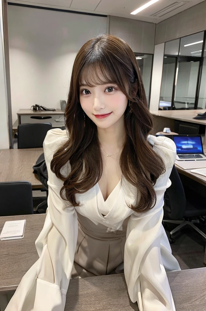 table top, highest quality, figure, super detailed, finely, High resolution, 8k wallpaper, 完璧なダイナミックな構figure, beautiful and fine eyes, Wavy medium hair,natural color lip, bold sexy pose,smile,office building,20 year old girl,cute,sexy shot looking at camera,slender body shape、Completely naked、female organ、vagina、spread legs、Spread your legs apart、Super high quality、8K、