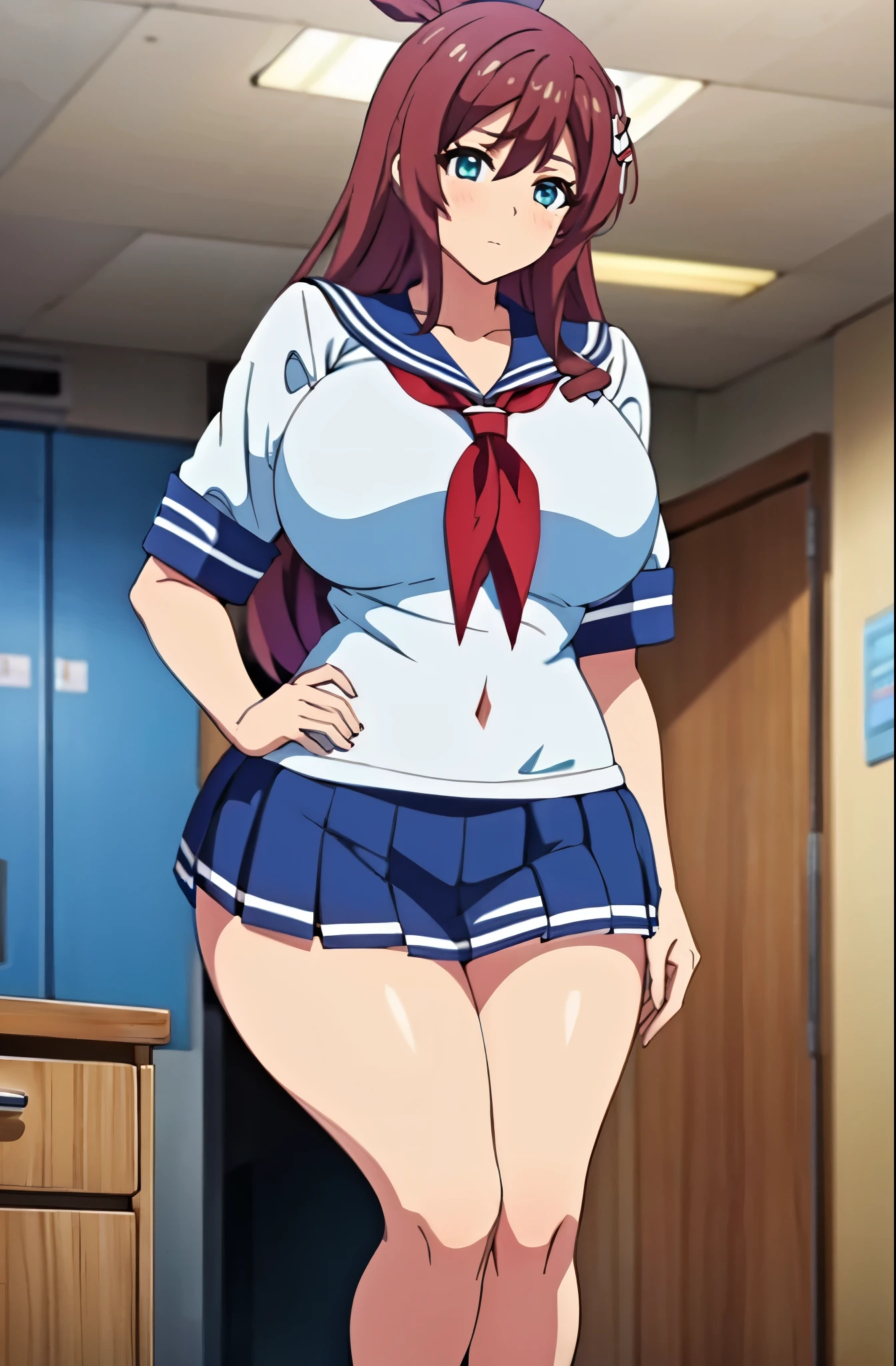 High school girl wearing a thick miniskirt and sailor suit in the health room