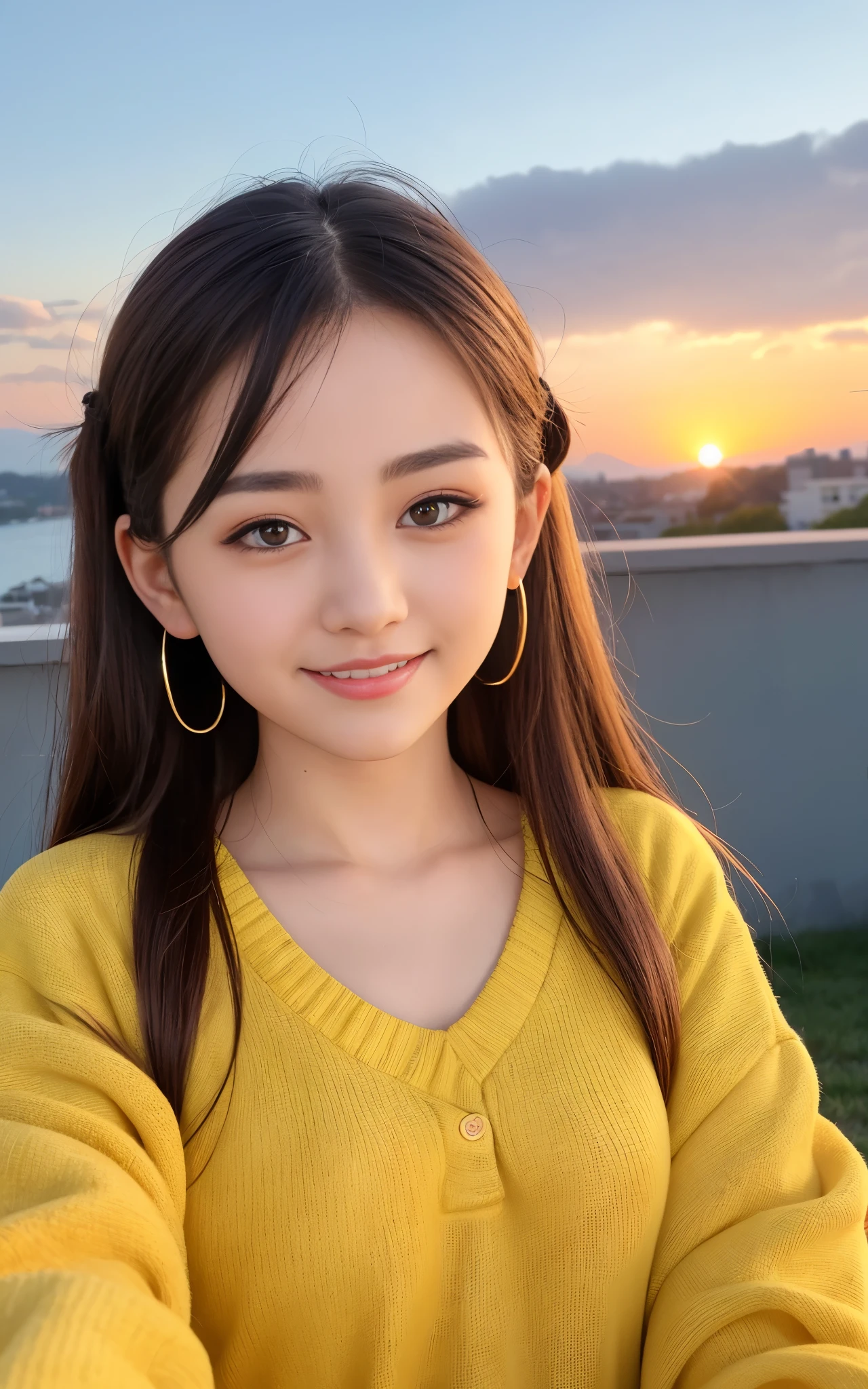 highest quality, figure, super detailed, finely, High resolution, 8k wallpaper, 完璧なダイナミックな構figure, beautiful skin, Big eyes that shine like jewels, (18 year old beautiful girl:1.6), natural color lip, random sexy poses, Chest middle, smile, Highly detailed face and skin texture, Detailed eyes, Double eyelid,leaking teeth and laughing, close-up,   brown hair twintails, (bright yellow sweater:1.1), sunset