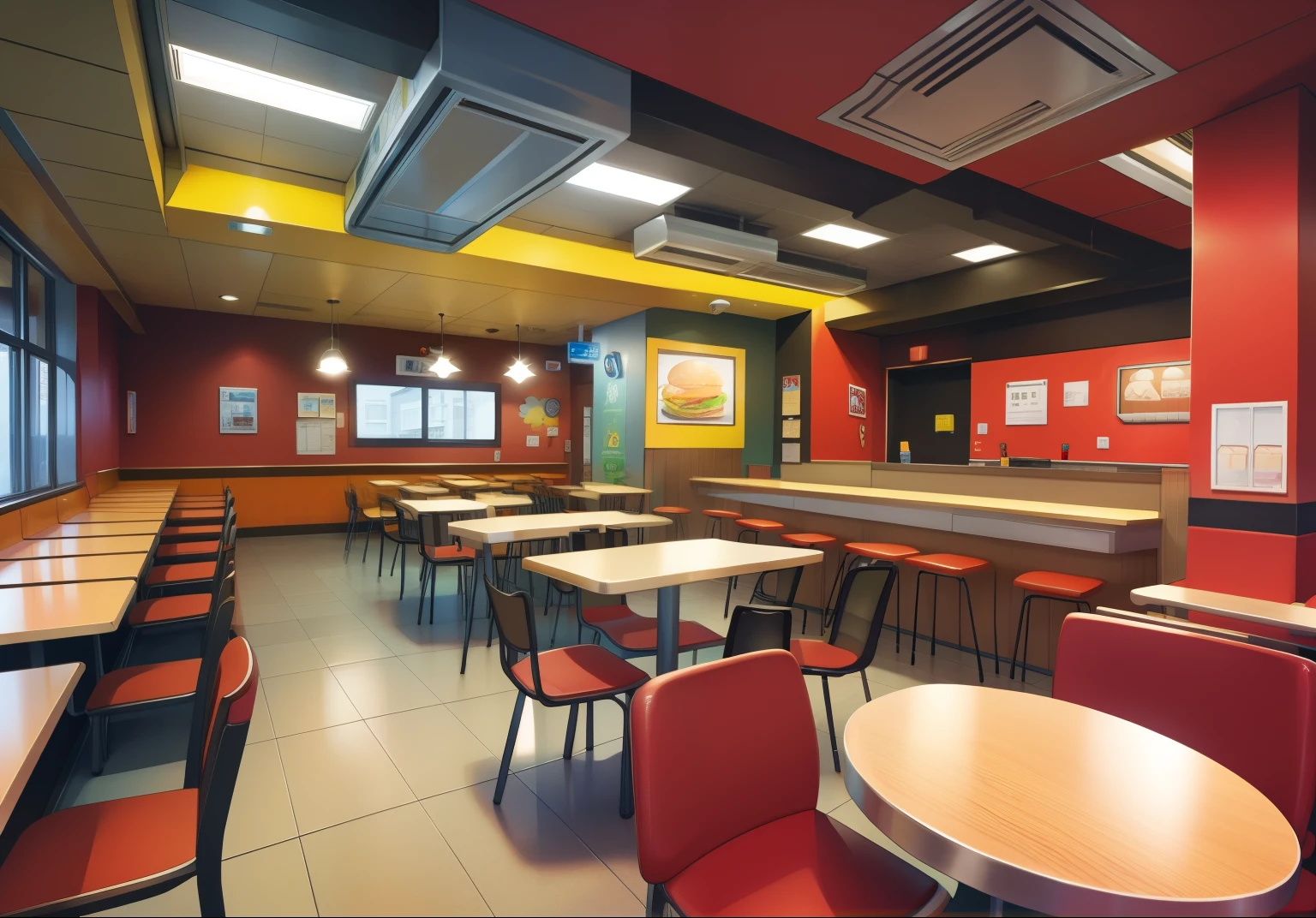Fast food restaurant interior, detailed background, table, chairs,