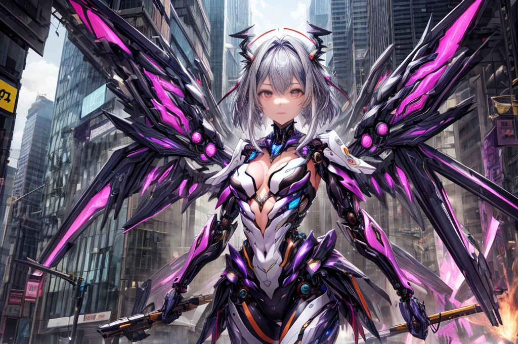 highest quality、very詳細な、masterpiece、super detailed、enlightenment、((1 girl))、silver hair、hair length、floating hair、、cyber city、Neon building、(Upper body:1.05)、very_be familiar with_eye_and_face,cybernetic wings mechanical wings、random posture、Skyscraper、、Mechumusume、shrine maiden costume,Maid clothes、random angle、anime style,cowboy shot