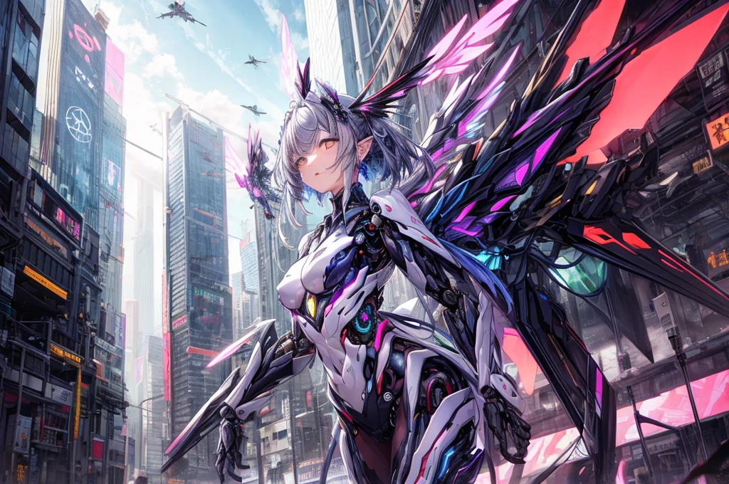 highest quality、very詳細な、masterpiece、super detailed、enlightenment、((1 girl))、silver hair、hair length、floating hair、、cyber city、Neon building、(Upper body:1.05)、very_be familiar with_eye_and_face,cybernetic wings mechanical wings、random posture、Skyscraper、、Mechumusume、shrine maiden costume,Maid clothes、random angle、anime style,cowboy shot