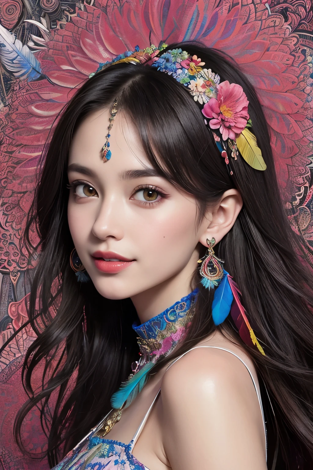(masterpiece, top quality, best quality, official art, beautiful and aesthetic:1.2), (1girl:1.3), smiling, extremely detailed,(fractal art:1.1),(colorful:1.1)(flowers:1.3),highest detailed,(zentangle:1.2), (abstract background:1.3), (shiny skin), (many colors:1.4), ,(earrings), (feathers:1.5),