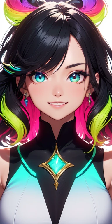 (black hair,colorful fluorescence multicolored  hair:1.5,wavy hair:1.5), (masterpiece, sidelights, exquisite beautiful eyes: 1.5), masterpiece*portrait, realistic, ((Colorful background of different colors:1.5)),(Gentle face:1.5),colorful,3D face,(cute face),front view: 1.6、 (glowing red eyes:1.2),(tareme:1.5)、(cute smile:1.5),,Slim Body, shiny hair, shiny skin: 1.5、medium breasts,、solo,(stand)、(two tone dress:1.5)、(charactor focus:1.5、portlate、eye focus,cowboy shot)、bright atmosphere,intricatedetails