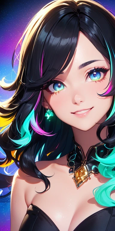 (black hair,colorful fluorescence multicolored  hair:1.5,wavy hair:1.5), (masterpiece, sidelights, exquisite beautiful eyes: 1.5), masterpiece*portrait, realistic, ((Colorful background of different colors:1.5)),(Gentle face:1.5),colorful,3D face,(cute face),front view: 1.6、 (glowing red eyes:1.2),(tareme:1.5)、(cute smile:1.5),,Slim Body, shiny hair, shiny skin: 1.5、medium breasts,、solo,(stand)、(two tone dress:1.5)、(charactor focus:1.5、portlate、eye focus,cowboy shot)、bright atmosphere,intricatedetails