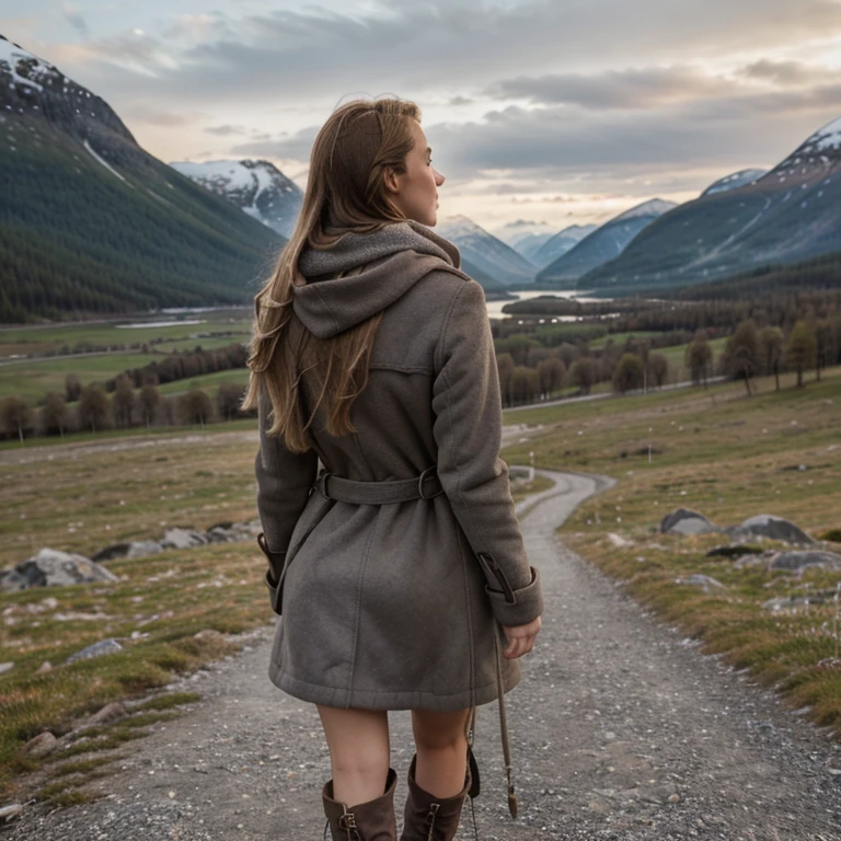 Фото raw sony a7iii 85mm, 1.2. 4000×6000. A photo of a tall girl from the back on a photo of the mountains of Norway, a girl in a short sheepskin coat from the 2022 collection and a warm gray scarf, tall, Athletic figure. Short dark brown boots and long gray gaiters. Blond hair is long, blonde.
