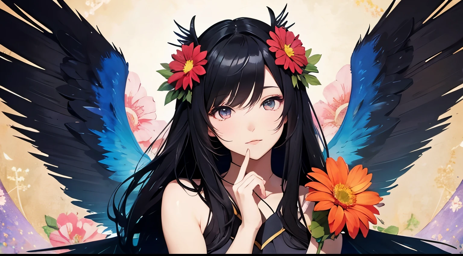 beautiful anime girl with black hair, flower spirit, wings