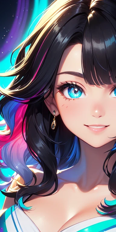 (black hair,colorful fluorescence multicolored hair:1.5,wavy hair:1.5), (masterpiece, sidelights, exquisite beautiful eyes: 1.5), masterpiece*portrait, realistic, ((Colorful background of different colors:1.5)),(Gentle face:1.5),colorful,3D face,(cute face),front view: 1.6、 (glowing red eyes:1.2),(tareme:1.5)、(cute smile:1.5),,Slim Body, shiny hair, shiny skin: 1.5、medium breasts,、solo,(stand)、(背中の開いたドレス:1.5)、(charactor focus:1.5、portlate、eye focus,cowboy shot)、bright atmosphere,intricatedetails