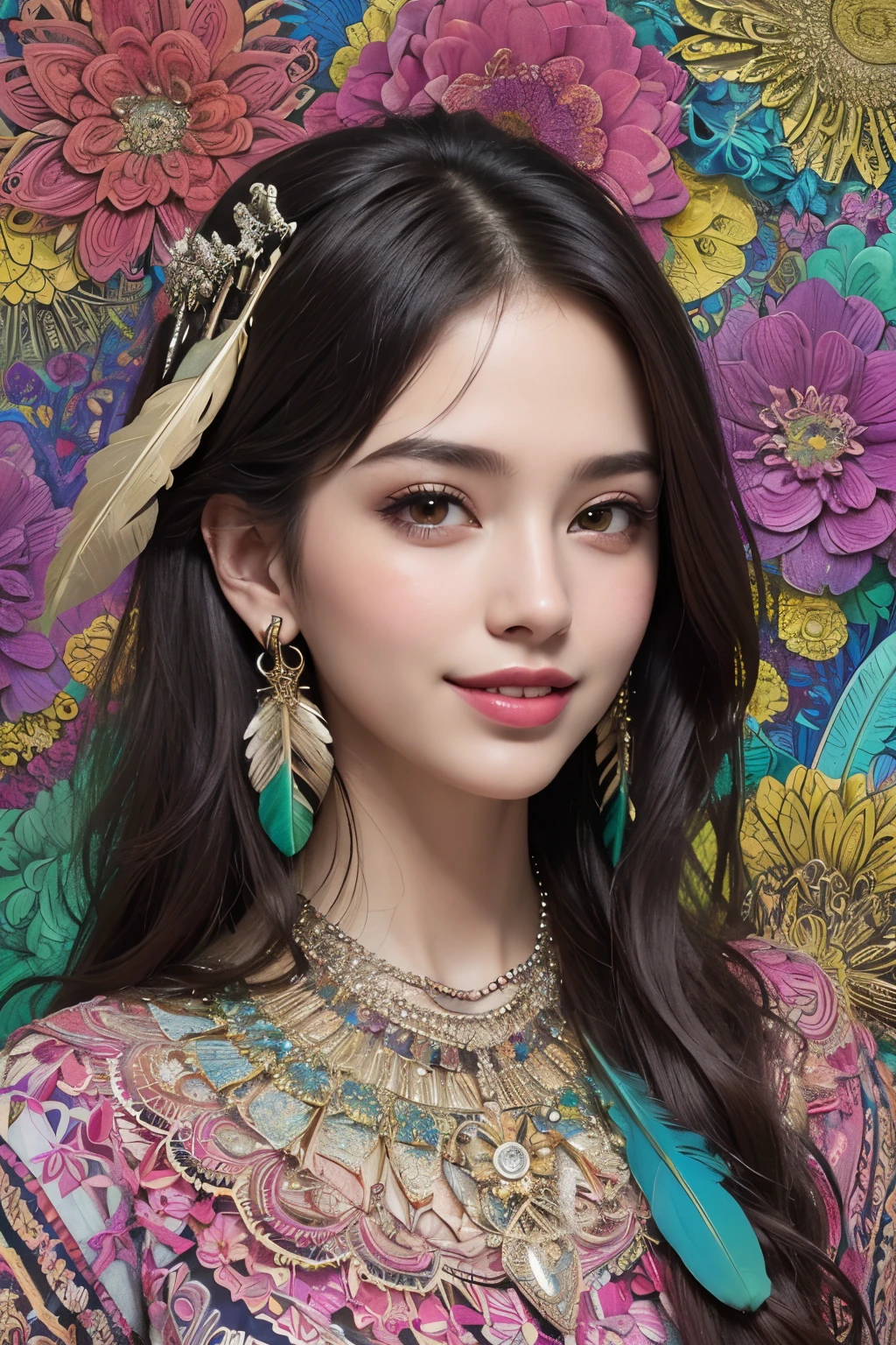 (masterpiece, top quality, best quality, official art, Beautiful and beautiful:1.2), (1 girl:1.3), smiling, Very detailed,(fractal art:1.1),(rich and colorful:1.1)(flowers:1.3),most detailed,(Zentangle:1.2), (abstract background:1.3), (shiny skin), (Many colors:1.4), ,(earrings), (feather:1.5),