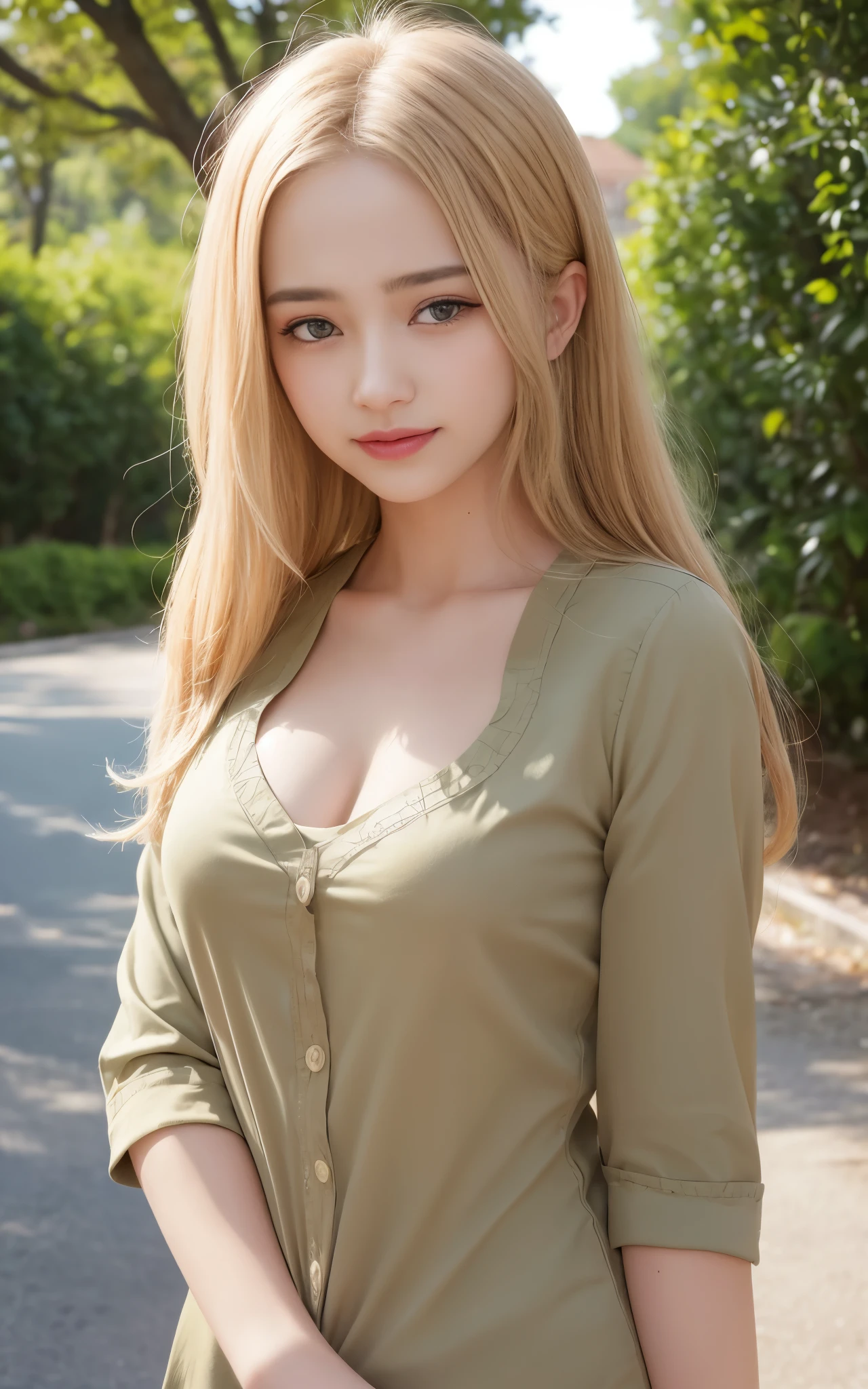 highest quality, figure, super detailed, finely, High resolution, 8k wallpaper, 完璧なダイナミックな構figure, beautiful skin, Big eyes that shine like jewels, (18 year old beautiful girl:1.6), natural color lip, random sexy poses, Chest middle, smile, Highly detailed face and skin texture, Detailed eyes, Double eyelid,leaking teeth and laughing, close-up, long blonde hair, (Khaki blouse:1.1), tree-lined avenue
