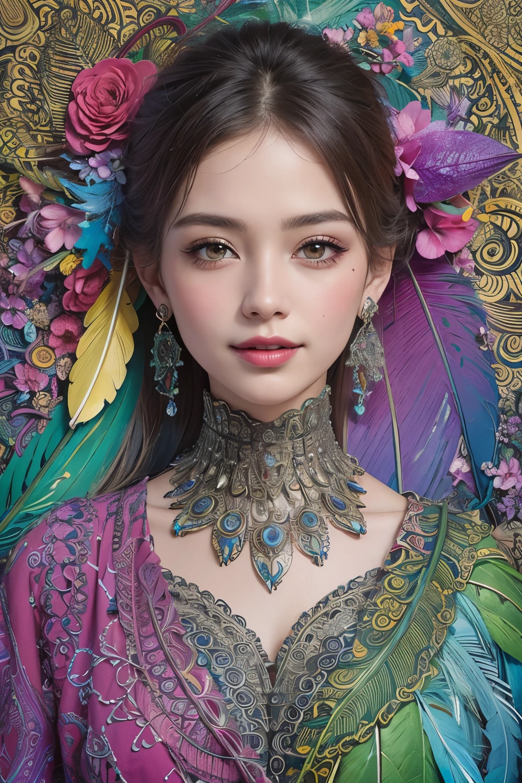 (masterpiece, top quality, best quality, official art, Beautiful and beautiful:1.2), (1 girl:1.3), smiling, Very detailed,(fractal art:1.1),(rich and colorful:1.1)(flowers:1.3),most detailed,(Zentangle:1.2), (abstract background:1.3), (shiny skin), (Many colors:1.4), ,(earrings), (feather:1.5),