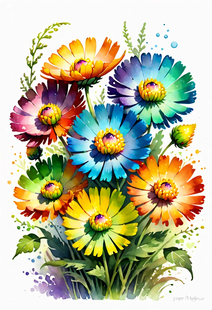 watercolor painting, Featherweed flowers of rainbow color, (inspired by Zootopia), dreamy feeling, Dynamic angles and elegant atmosphere, intricate, (best quality, masterpiece, Representative work, official art, Professional, 8k:1.3)