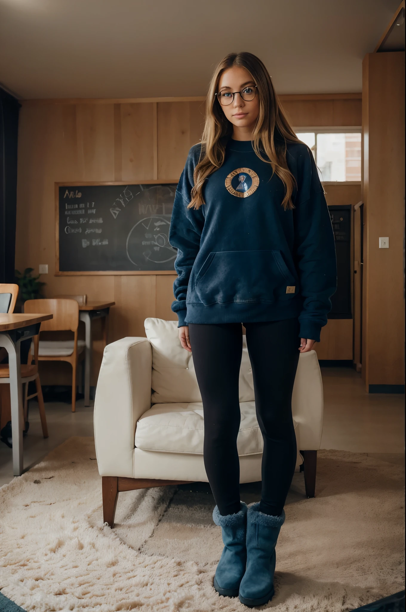 1woman, ombré blonde balayage hair, beautiful blue eyes, freckled face, circle glasses, creame sweatshirt, seamless black leggings, fuzzy faux fur boots, ugg style boots, school background, full body portrait, raw photo.
