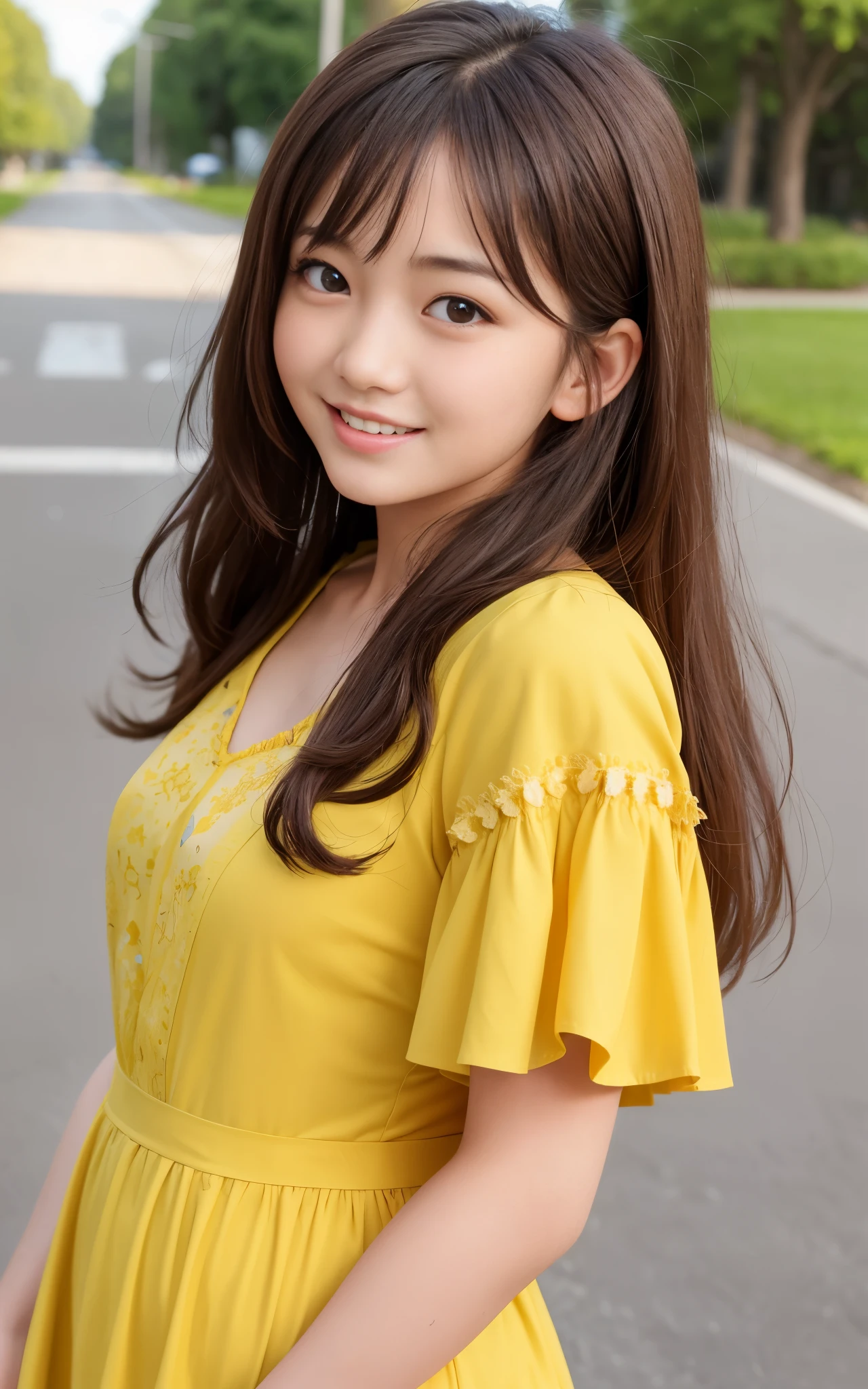 highest quality, shape, Super detailed, finely, High resolution, 8k wallpaper, 完璧なダイナミックな構shape, beautiful skin, Big eyes that shine like jewels, (18 year old beautiful girl:1.6), natural color lip, random sexy pose, middle of chest, smile, Highly detailed face and skin texture, fine eyes, double eyelid,Leaking teeth and smiling, close, From the side, brown bob hair, (bright yellow dress shirt:1.1), cherry blossoms