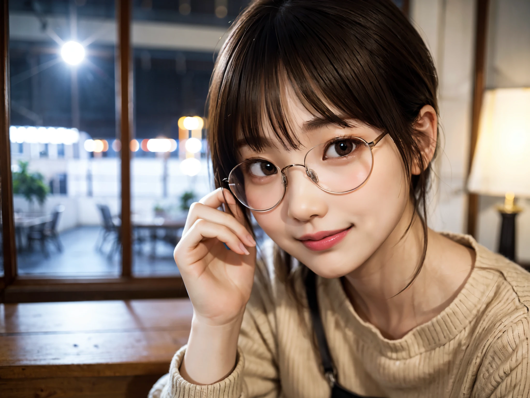 nightのホテルの部屋でカジュアルな服を着た日本人の女の子、looking at the viewer、(highest quality、masterpiece)))、High resolution、very detailed、masterpiece、movie lighting、(8K、highest quality、masterpiece:1.2)、(realistic、Photoreal:1.37) high resolution、super detailed、woman wearing glasses、thin frame round glasses、light colored glasses frames、Asian, cute, cute顔, solo, short hair 1.2, rough skin, Beautiful smile, beautiful and detailed sky, Detailed cafe, night, movie lighting, Depth of bounds written, lens flare light、sitting on the bed、date、(make your nose red)、(laughter:1.15)、(closed your mouth)small breasts、beautiful and delicate eyes、(sweater:1.1)、night、(short hair:1.2)、floating hair nova frog style、