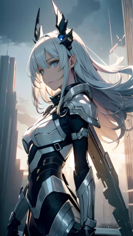 (master part, better quality, highest quality, official art, beautiful and aesthetic:), future city, armor, (Girl is flying in the sky:1.4), Wind, storm, Complex, elegant, very detailed, seed, sharp focus, Dragon ears, Backlight, 8K, big mecha monster in the background, night, (dark environment),realistic hands, Well made hands, perfect hand, perfect woman face, detailed female face