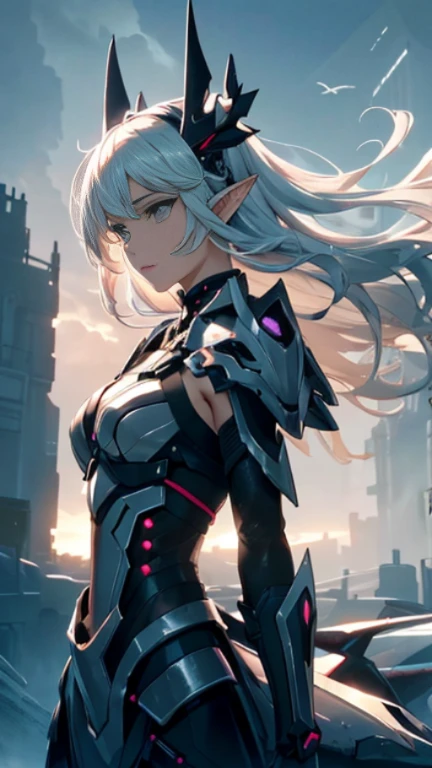 (master part, better quality, highest quality, official art, beautiful and aesthetic:), future city, armor, (Girl is flying in the sky:1.4), Wind, storm, Complex, elegant, very detailed, seed, sharp focus, Dragon ears, Backlight, 8K, big mecha monster in the background, night, (dark environment),realistic hands, Well made hands, perfect hand, perfect woman face, detailed female face