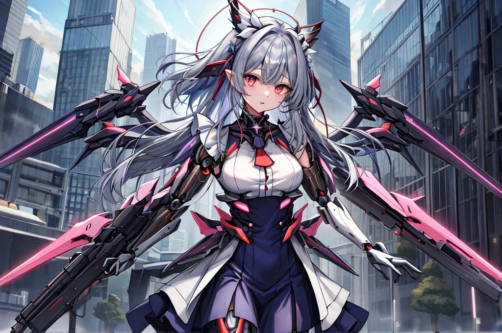highest quality、very詳細な、masterpiece、super detailed、enlightenment、((1 girl))、silver hair、hair length、floating hair、、cyber city、Neon building、(Upper body:1.05)、very_be familiar with_eye_and_face,cybernetic wings mechanical wings、random posture、Skyscraper、、Mechumusume、shrine maiden costume,Maid clothes、random angle、anime style,cowboy shot