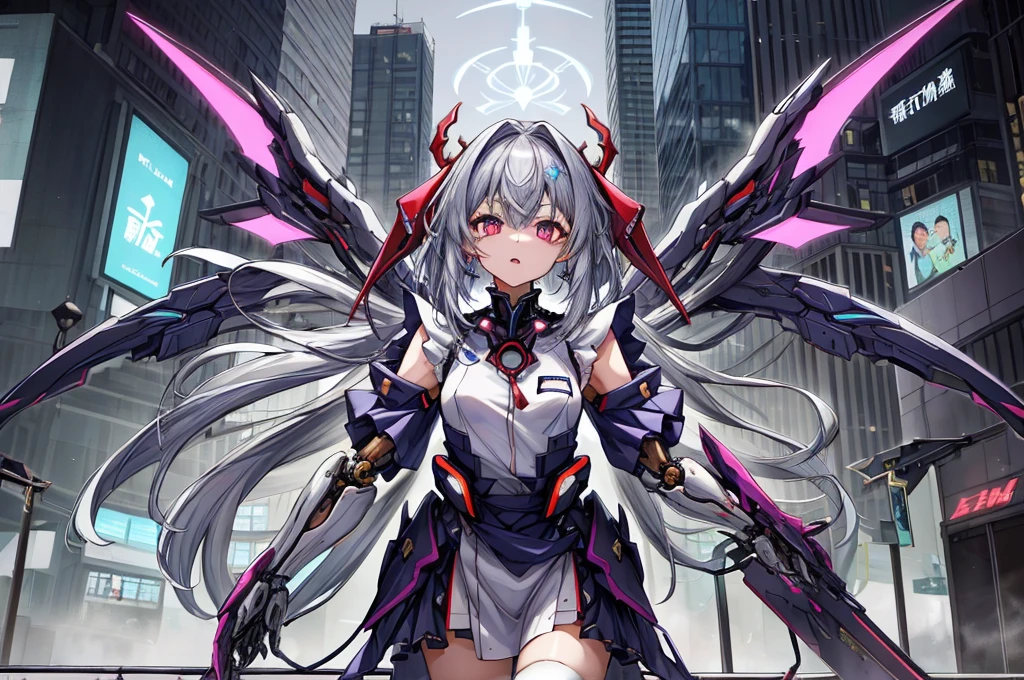 highest quality、very詳細な、masterpiece、super detailed、enlightenment、((1 girl))、silver hair、hair length、floating hair、、cyber city、Neon building、(Upper body:1.05)、very_be familiar with_eye_and_face,cybernetic wings mechanical wings、random posture、Skyscraper、、Mechumusume、shrine maiden costume,Maid clothes、random angle、anime style,cowboy shot