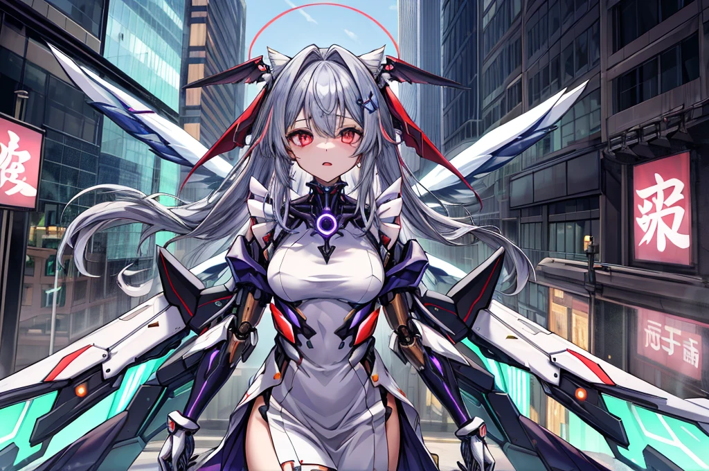 highest quality、very詳細な、masterpiece、super detailed、enlightenment、((1 girl))、silver hair、hair length、floating hair、、cyber city、Neon building、(Upper body:1.05)、very_be familiar with_eye_and_face,cybernetic wings mechanical wings、random posture、Skyscraper、、Mechumusume、shrine maiden costume,Maid clothes、random angle、anime style,cowboy shot